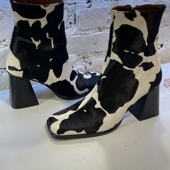 Cow Print Pony Hair Square Toe Chunky Heel Leather Boots Aloha - Picture 2 of 6